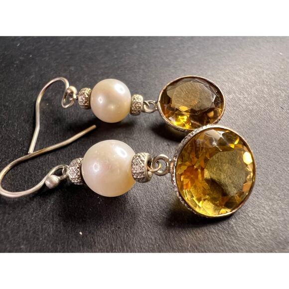 Citrine and pearl sterling silver dangle earrings - Picture 2 of 16